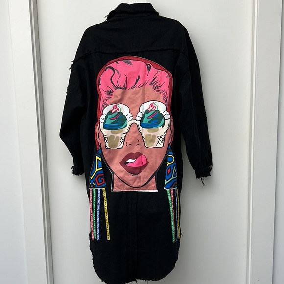 Jackets & Blazers - BOUTIQUE Pop Art Ice Cream Glasses Women & Tassle Distressed Black Denim Jacket